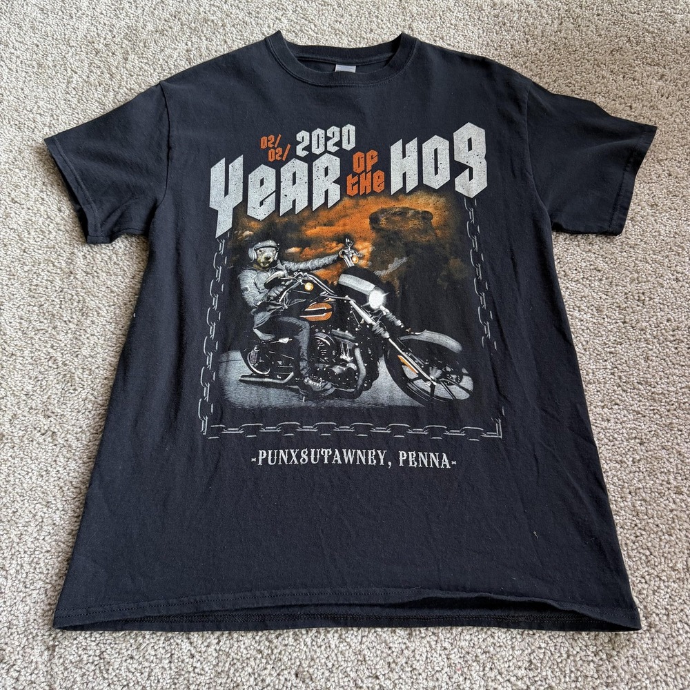 Biker Year Of The Hog Shirt Mens Med Black Motorcycle Punxsutawney Tee T-Shirt